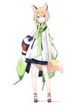  animal_ear_fluff animal_ears arm_at_side bangs blonde_hair blue_eyes blush commentary_request dress eyebrows_visible_through_hair fang fox_ears fox_tail full_body green_scarf holding jpeg_artifacts kuroino_(poco) looking_at_viewer open_mouth original poco_(asahi_age) sandals scarf shiratama_kitsune short_hair simple_background sleeveless sleeveless_dress solo standing tail white_background wrist_cuffs 