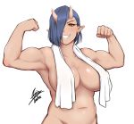  airisubaka artist_name belly breasts earrings elf-san_wa_yaserarenai. flexing grin hair_over_one_eye highres jewelry large_breasts looking_at_viewer muscle muscular_female navel nude oga-san oni_horns plump pointy_ears pose short_hair signature simple_background smile solo towel towel_around_neck white_background yellow_eyes 