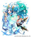  :o absurdres air_bubble akiru_(hokuouhuuhu) anklet bangle blue_eyes blue_footwear blue_hair blue_legwear bracelet bubble coral_hair_ornament gothic_wa_mahou_otome gradient_hair hand_up highres jewelry long_hair looking_at_viewer midriff multicolored_hair official_art seashell see-through shell silk solo very_long_hair watermark 