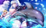  :o ahoge akeyama_kitsune ass bikini bikini_top_removed black_bikini black_gloves black_jacket blonde_hair blue_eyes blush breasts breasts_outside clothes_theft commentary_request dolphin embarrassed fate/grand_order fate_(series) gloves highres jacket jeanne_d'arc_(alter_swimsuit_berserker) jeanne_d'arc_(fate)_(all) jeanne_d'arc_(swimsuit_archer) large_breasts long_hair looking_back multiple_girls ocean silver_hair sweatdrop swimsuit swimsuit_theft theft wading water yellow_eyes 