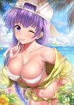  backwards_hat bangs bare_shoulders baseball_cap bb_(fate)_(all) bb_(swimsuit_mooncancer)_(fate) beach blue_sky blush braid breasts cleavage collarbone commentary_request cropped_jacket day fate/grand_order fate_(series) finger_to_mouth flower garana hand_on_hip hat highres hips index_finger_raised jacket large_breasts long_hair looking_at_viewer navel ocean off_shoulder one_eye_closed palm_tree purple_eyes purple_hair shushing skirt sky smile solo star star_hat_ornament sunlight sweat tongue tongue_out tree very_long_hair white_bikini_top white_hat yellow_jacket yellow_skirt 