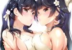  alternate_costume amasora_taichi animal_ears atago_(azur_lane) azur_lane bangs black_hair blush bow breast_press breasts brown_eyes cleavage commentary_request extra_ears eyebrows_visible_through_hair hair_bow hair_ribbon heart large_breasts long_hair looking_at_viewer mole mole_under_eye multiple_girls ponytail puckered_lips ribbon sidelocks simple_background smile swept_bangs swimsuit symmetrical_docking takao_(azur_lane) very_long_hair white_background white_bow white_ribbon 