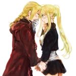  1girl black_jacket black_shirt black_skirt blonde_hair blue_eyes blush braid coat couple cowboy_shot earrings edward_elric eye_contact eyebrows_visible_through_hair fingernails flamel_symbol forehead-to-forehead fullmetal_alchemist gloves hand_to_own_mouth hetero holding_hands jacket jewelry long_hair looking_at_another nervous ponytail profile red_coat shirt skirt sweatdrop thighs tsukuda0310 upper_body white_gloves white_shirt winry_rockbell 