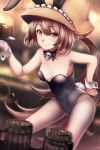 animal_ears black_leotard black_ribbon blurry blurry_background blurry_foreground breasts brown_eyes brown_hair brown_hat bunny_ears bunny_tail bunnysuit choker cleavage eyebrows_visible_through_hair fake_animal_ears fishnet_pantyhose fishnets floating_hair guilty_gear hair_between_eyes hand_on_hip hat highres holding leotard long_hair may_(guilty_gear) otsumami_(otsu-mugi) pantyhose ponytail ribbon ribbon_choker shiny shiny_hair skull small_breasts smile solo sparkle strapless strapless_leotard tail very_long_hair wrist_cuffs 