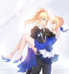  333_(pixiv8601259) absurdres ahoge anklet aqua_eyes artoria_pendragon_(all) black_gloves black_jacket black_neckwear black_pants blonde_hair blue_dress blue_footwear blue_ribbon carrying commentary copyright_name cowboy_shot dress elbow_gloves english english_commentary eye_contact eyebrows_visible_through_hair fang_out fate/grand_order fate_(series) formal full_body gloves hair_between_eyes hair_ornament hair_ribbon hair_scrunchie hand_on_another's_shoulder high_heels highres jacket jewelry long_hair looking_at_another mordred_(fate) mordred_(fate)_(all) multiple_girls necktie open_mouth pants ponytail princess_carry pumps red_scrunchie ribbon saber scrunchie shoe_dangle sidelocks sleeveless sleeveless_dress smile standing tied_hair white_gloves 