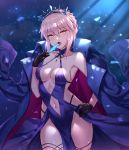  artoria_pendragon_(all) artoria_pendragon_(swimsuit_rider_alter) bangs bare_shoulders black_fire_(peter02713) black_gloves blonde_hair blue_dress blue_jacket braid breasts collarbone commentary_request dress eating fate/grand_order fate_(series) food french_braid gloves hair_between_eyes halterneck hand_on_hip highres hips jacket looking_at_viewer medium_breasts navel open_clothes open_jacket open_mouth popsicle sidelocks solo thighs tiara yellow_eyes 