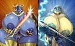  2018 anthro areola belly big_belly big_breasts bikini_armor blue_eyes breasts brown_eyes cleavage clothed clothing digital_media_(artwork) dragonborn duo female fight hair huge_breasts hyper hyper_breasts indy_(vdisco) lizard magic magic_user melee_weapon nipples obese overweight partially_clothed polearm pussy reptile roo_(huskytrent) scalie skimpy spear staff sword thick_thighs torn_clothing vdisco voluptuous weapon white_hair wide_hips 