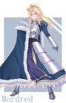  333_(pixiv8601259) absurdres aqua_eyes armor armored_boots armored_dress artoria_pendragon_(all) blonde_hair blue_cape blue_dress boots cape character_name cosplay crown dress eyebrows_visible_through_hair fang_out fate/apocrypha fate/stay_night fate_(series) floating_hair full_body fur_trim gauntlets hair_between_eyes hair_ornament hair_scrunchie head_tilt highres long_dress long_hair looking_at_viewer mordred_(fate) mordred_(fate)_(all) ponytail red_scrunchie saber saber_(cosplay) scrunchie solo standing 