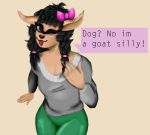  5_fingers anthro beauty_mark bow breasts caprine cleavage clothed clothing coffeewithdicks collarbone dialogue english_text eyelashes female front_view fully_clothed goat hair_ornaments hi_res long_ears looking_at_viewer mammal miss-zi-zi one_eye_closed pants solo sweater text tongue tongue_out twintails_(disambiguation) wink youtuber 