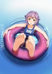  :3 bangs bare_legs bare_shoulders barefoot blue_swimsuit blush brown_eyes casino_(casinoep) character_name collarbone eyebrows_visible_through_hair feet from_above hair_flaps hair_intakes highres idolmaster idolmaster_cinderella_girls innertube koshimizu_sachiko lavender_hair legs_up looking_at_viewer lying name_tag ocean on_back one-piece_swimsuit partially_submerged purple_hair school_swimsuit short_hair smile soles solo source_request swimsuit toes tongue tongue_out water 