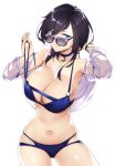  ark_royal_(azur_lane) azur_lane bare_shoulders bikini bikini_under_clothes black_hair blue_bikini blue_eyes breasts choker cleavage commentary_request hand_up highres hips large_breasts long_hair looking_at_viewer multi-strapped_bikini navel o-ring o-ring_top open_clothes open_shirt see-through shirt smile sunglasses swimsuit thighs tomohiro_kai untied untied_bikini white_shirt 