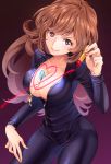  abiko_yuuji bangs between_breasts biker_clothes bikesuit bodysuit breasts brown_eyes brown_hair center_opening cleavage closed_mouth collarbone commentary_request full-length_zipper gem gradient gradient_background heart highres holding large_breasts lipstick lipstick_tube long_hair looking_at_viewer lupin_iii makeup mine_fujiko nail_polish no_bra partial_commentary pink_nails purple_background red_lipstick smile solo unzipped v-shaped_eyebrows wavy_hair zipper zipper_pull_tab 