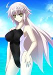  bad_hand breasts commentary_request competition_swimsuit covered_navel cowboy_shot engo_(aquawatery) fate/grand_order fate_(series) highleg highleg_swimsuit jeanne_d'arc_(alter_swimsuit_berserker) jeanne_d'arc_(fate)_(all) long_hair looking_at_viewer one-piece_swimsuit silver_hair solo swimsuit yellow_eyes 