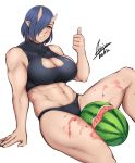  abs airisubaka blue_hair breasts cleavage_cutout earrings elf-san_wa_yaserarenai. food fruit grin hair_over_one_eye highres jewelry large_breasts muscle muscular_female navel oga-san oni_horns pointy_ears short_hair signature simple_background smile solo thumbs_up watermelon white_background yellow_eyes 