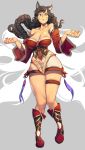  absurdres ahri animal_ears bare_shoulders black_hair boots braid breasts cleavage collarbone eureka_brider fox_ears fox_tail full_body highres korean_clothes large_breasts league_of_legends long_sleeves looking_at_viewer off_shoulder parted_lips solo tail whisker_markings wide_sleeves yellow_eyes 
