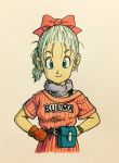  aqua_hair arms_at_sides belt blue_eyes braid brown_gloves bulma character_name clothes_writing commentary_request dragon_ball dragon_ball_(classic) eyelashes fanny_pack gloves hair_ribbon hand_on_hip happy highres lee_(dragon_garou) pink_ribbon pink_shirt purple_scarf ribbon scarf shaded_face shirt simple_background smile solo_focus striped striped_shirt upper_body vertical-striped_shirt vertical_stripes watch wristwatch 