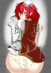  1girl against_wall artist_request ass bandage bandaged_arm bandages blush brown_eyes bun_cover chinese_clothes double_bun from_behind huge_ass ibaraki_kasen looking_at_viewer looking_back panties parted_lips red_hair shiny shiny_hair shiny_skin short_hair solo touhou underwear 