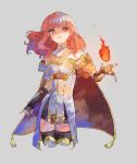  armor armored_dress bare_shoulders black_gloves black_legwear breasts cape celica_(fire_emblem) cleavage cowboy_shot detached_collar dress earrings fingerless_gloves fire fire_emblem fire_emblem_echoes:_mou_hitori_no_eiyuuou gloves grey_background highres itou_(very_ito) jewelry red_eyes red_hair short_dress short_hair simple_background small_breasts smile solo thighhighs zettai_ryouiki 