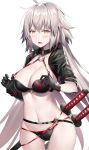  ahoge bangs bikini black_bikini black_jacket blush breasts choker cleavage collarbone commentary_request cropped_jacket fate/grand_order fate_(series) hair_between_eyes highres hips jacket jeanne_d'arc_(alter_swimsuit_berserker) jeanne_d'arc_(fate)_(all) katana large_breasts long_hair looking_at_viewer navel o-ring open_mouth rin_yuu shrug_(clothing) simple_background solo strap_pull swimsuit sword thighs very_long_hair weapon white_background yellow_eyes 