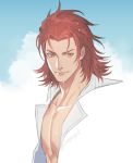  blue_sky cloud commentary english_commentary granblue_fantasy hair_slicked_back kanapy looking_at_viewer male_focus open_clothes open_shirt outdoors percival_(granblue_fantasy) red_eyes red_hair shingeki_no_bahamut sky smile solo sweat twitter_username upper_body wet 
