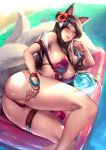  ahri animal_ears artist_name ass bare_shoulders bikini black_hair blush breasts character_name cian_yo flower fox_ears hair_flower hair_ornament half-closed_eyes highres jewelry league_of_legends long_hair looking_at_viewer lying nail_polish off_shoulder on_side orb parted_lips red_bikini solo swimsuit water wet whisker_markings 