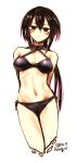  arms_behind_back artist_name bare_shoulders bikini black_bikini black_hair blush breasts closed_mouth commentary_request cowboy_shot criss-cross_halter cropped_legs dated groin hair_between_eyes halterneck highres kotoba_noriaki long_hair looking_at_viewer medium_breasts navel original ponytail red_eyes side-tie_bikini signature simple_background solo standing swimsuit white_background 
