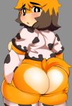  2019 absurd_res anthro berseepon09 big_butt blush breasts butt canid canine canis clothed clothing cow_print digital_media_(artwork) dog_(berseepon09) domestic_dog female grey_background hair hi_res huge_butt looking_at_viewer looking_back mammal open_mouth rear_view short_stack side_boob simple_background solo standing thick_thighs voluptuous wide_hips 