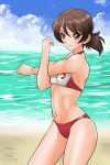  adapted_costume beach bikini blue_sky brown_eyes brown_hair cloud cowboy_shot dated day girls_und_panzer horizon kawanishi_shinobu looking_at_viewer low_twintails matsui_yasutsugu mismatched_bikini ocean outdoors red_bikini_bottom short_hair short_twintails signature sky solo stretch swimsuit twintails two-tone_bikini 