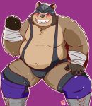  2018 anthro belly blush brown_fur canine fur kamui_shirow male mammal moobs navel overweight overweight_male simple_background solo tanuki teeth wrestling wrestling_singlet 