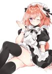  absurdres alternate_costume apron astolfo_(fate) black_dress black_legwear black_ribbon blown_kiss blush bow bowtie commentary_request crossdressing dress enmaided fate/grand_order fate_(series) hair_intakes hair_ribbon hasegawa_(rarairairai) highres looking_at_viewer maid maid_apron maid_headdress male_focus multicolored_hair one_eye_closed otoko_no_ko panties panty_peek pink_hair puffy_short_sleeves puffy_sleeves purple_eyes ribbon short_sleeves simple_background sitting solo streaked_hair thighhighs underwear white_apron white_background white_neckwear 