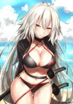  ahoge arms_behind_back beach belt bikini black_bikini black_jacket blush breasts choker cleavage cloud cloudy_sky collarbone commentary_request day fate/grand_order fate_(series) highres jacket jeanne_d'arc_(alter_swimsuit_berserker) jeanne_d'arc_(fate)_(all) katana large_breasts leaning_forward long_hair looking_at_viewer navel o-ring o-ring_bikini ocean open_clothes open_jacket sebire shrug_(clothing) silver_hair sky solo swimsuit sword twitter_username very_long_hair weapon yellow_eyes 