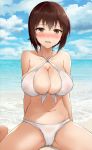  bangs bare_shoulders bikini blush breasts brown_eyes brown_hair cameltoe chacharan cleavage cloud collarbone criss-cross_halter day eyebrows_visible_through_hair front-tie_top girls_und_panzer halterneck highres horizon large_breasts looking_at_viewer navel nipples nishizumi_maho ocean see-through shiny shiny_hair short_hair sitting skindentation sky smile solo spread_legs sweat swimsuit wariza white_bikini 