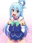  1girl aqua_(konosuba) aqua_hair bangs blue_clothes blue_eyes blue_hair blush bow bowtie breast_squeeze breasts clenched_hands detached_sleeves elf_k erect_nipples hair_between_eyes hands_on_own_chest happy highres kneeling kono_subarashii_sekai_ni_shukufuku_wo! large_breasts legs long_hair looking_at_viewer matching_hair/eyes miniskirt open_mouth puffy_nipples simple_background skirt smile solo thighs 