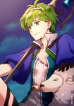  1boy ahoge animal bell black_gloves closed_mouth collarbone david_(fate/grand_order) fate/grand_order fate_(series) gloves green_eyes green_hair hair_between_eyes hair_ornament hairband high_collar holding holding_staff looking_away male_focus niu_illuminator open_clothes open_eyes petting sheep short_hair smile solo staff twitter_username 