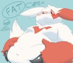  2015 anthro belly belly_grab big_belly blue_background blush burger claws digital_drawing_(artwork) digital_media_(artwork) embarrassed english_text fat_grab food fur looking_at_self male mammal markings moobs multicolored_fur navel nintendo nipples nude obese overweight overweight_male pizza pok&eacute;mon pok&eacute;mon_(species) red_fur silicon_chub simple_background solo text two_tone_fur video_games white_fur zangoose 