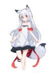  animal_ear_fluff animal_ears brown_eyes dress fox_ears fox_girl fox_tail kan_yuuji long_hair looking_at_viewer original red_ribbon ribbon sandals silver_hair simple_background smile solo standing standing_on_one_leg strap_slip tail tail_ribbon white_background 