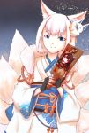  akagi_(azur_lane) animal_ear_fluff animal_ears azur_lane bangs black_gloves blue_eyes closed_mouth commentary_request disconnected_mouth dutch_angle eyebrows_visible_through_hair fingerless_gloves flower_knot fox_ears fox_girl fox_mask fox_tail gloves gold_trim half-closed_eyes hands_up highres holding japanese_clothes kaga_(azur_lane) kimono kotono_(yufugure) light_smile long_sleeves looking_at_viewer mask multiple_tails obi sash short_hair solo tail v-shaped_eyebrows white_hair white_kimono wide_sleeves 