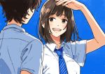  1girl :d blue_background blue_neckwear blush brown_eyes brown_hair commentary_request eye_contact fingernails hand_up keishin looking_at_another necktie open_mouth original shirt short_sleeves simple_background smile sweat white_shirt 