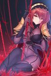  bodysuit breasts commentary_request covered_navel fate/grand_order fate_(series) feng_mouren flower gae_bolg highres hood large_breasts long_hair pauldrons polearm purple_hair red_eyes scathach_(fate)_(all) scathach_(fate/grand_order) solo spear spider_lily weapon 