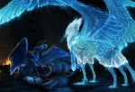  2018 avian beak black_hair blue_eyes blue_feathers blue_fur blue_theme clothed clothing detailed_background digital_media_(artwork) duo equine feathered_wings feathers feral fire fur gryphon hair hi_res hooves mammal pegasus spirit turnipberry wings 