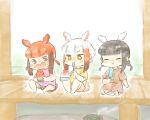  3girls alternate_costume bangs bare_arms bare_shoulders bird_tail bird_wings black-headed_ibis_(kemono_friends) black_hair blush braid child commentary dress eyebrows_visible_through_hair food fruit head_wings japanese_crested_ibis_(kemono_friends) kemono_friends moeki_(moeki0329) multiple_girls nose_blush popsicle puffy_short_sleeves puffy_sleeves red_hair scarlet_ibis_(kemono_friends) shaved_ice shirt short_hair short_sleeves shorts sidelocks sitting sleeveless t-shirt tank_top twin_braids twintails watermelon white_hair wings 