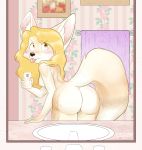  2018 5_fingers amber_eyes anthro bathroom black_nose blonde_hair blush breasts butt canine detailed_background eyelashes female fennec fox fur hair hi_res jonas looking_back mammal mirror nude penny_fenmore phone presenting pussy rear_view selfie sink solo tongue towel 