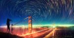  bridge camera city_lights commentary facing_away floating_hair from_behind golden_gate_bridge hands_in_pockets highres long_hair motion_blur night night_sky original outdoors photo-referenced river san_francisco sky solo standing star star_(sky) star_trail starry_sky tripod water wenqing_yan wind 