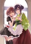  2girls :d apron backlighting bangs bell black_dress black_legwear blue_eyes blush brown_eyes brown_hair brown_skirt choker comitia commentary_request day dress eyebrows_visible_through_hair frilled_apron frills fukahire_(ruinon) green_kimono hair_between_eyes hair_bun hair_ornament heart heart_hair_ornament indoors japanese_clothes kimono long_hair long_sleeves maid maid_headdress multiple_girls obi open_mouth original puffy_short_sleeves puffy_sleeves red_choker sash short_sleeves sidelocks skirt smile sunlight thighhighs upper_teeth wa_maid waist_apron white_apron wide_sleeves window 