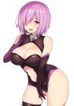  :d bare_shoulders black_gloves black_legwear black_leotard breasts cleavage cleavage_cutout commentary_request curvy elbow_gloves fate/grand_order fate_(series) gloves hair_over_one_eye large_breasts lavender_hair leotard looking_at_viewer mash_kyrielight mitsukazu_(nijigen_complex) navel navel_cutout open_mouth plump purple_eyes purple_gloves short_hair skindentation smile solo thighhighs 