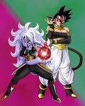  1girl a_silvers_1997 alternate_costume alternate_form android_21 bardock bare_shoulders biceps black_footwear black_hair black_nails black_sclera black_tubetop boots broken_mask commentary cosplay costume_switch crossdressing curly_hair detached_sleeves dragon_ball dragon_ball_fighterz dragon_ball_xenoverse dragon_ball_z_dokkan_battle earrings energy_ball english_commentary full_body glowing green_background hair_between_eyes hand_on_own_elbow hand_over_face harem_pants high_heels highres hoop_earrings jewelry lavender_hair long_hair majin_android_21 mask masked_saiyan meme multicolored multicolored_background nail_polish neck_ring pants pointy_ears pose purple_background purple_skin red_eyes saiyan spiked_hair standing strapless tail tubetop wrist_cuffs wrist_guards 