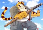  2018 anthro belly clothed clothing feline fur kamui_shirow male mammal melee_weapon open_shirt overweight overweight_male pants solo sword tiger weapon 