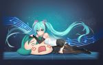  1girl absurdres aqua_eyes aqua_hair black_footwear boots detached_sleeves floating_hair full_body hatsune_miku headphones highres hpb8642 long_hair looking_at_viewer lying musical_note number_tattoo on_side skirt smile solo tattoo thigh_boots thighhighs twintails very_long_hair vocaloid 