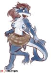  anthro clothing fangs female fish halcy0n marine nipples post_transformation shark simple_background skirt smile solo standing tharkis 