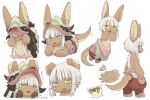  :3 animal_ears blush character_sheet commentary covering_face directional_arrow embarrassed eyebrows_visible_through_hair furry hand_on_own_chin hands_on_own_cheeks hands_on_own_face helmet horns kawasemi27 legs_apart looking_at_viewer looking_down lying made_in_abyss medium_hair motion_lines nanachi_(made_in_abyss) on_stomach open_clothes open_mouth pants poses sidelocks simple_background standing tail tail_wagging topless translated whiskers white_background 